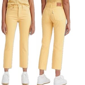 Levi’s 501 Original Cropped Yellow Denim Raw Hem High Waisted Mom Jeans 27